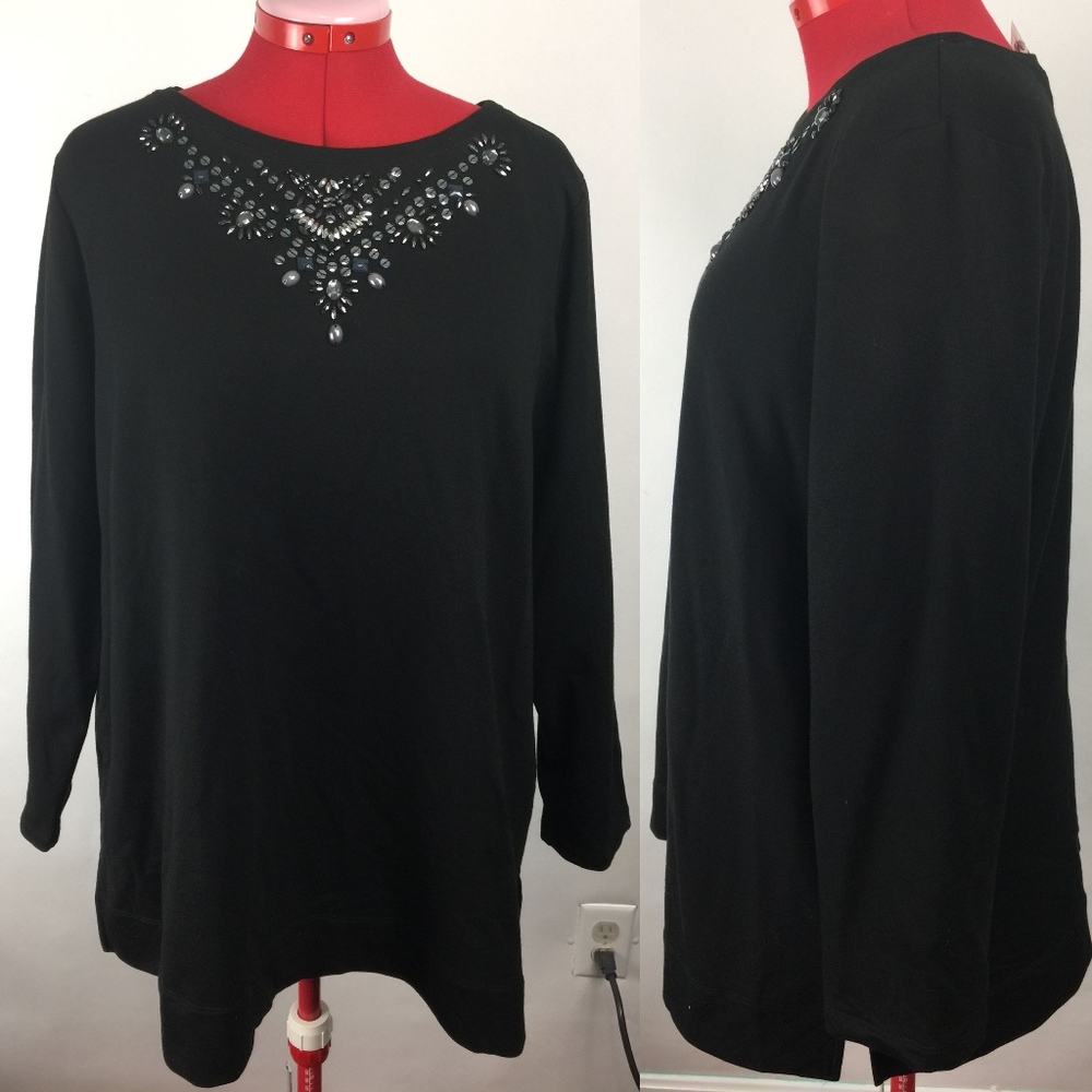 Susan Graver Embellished Black Top NWT 1X